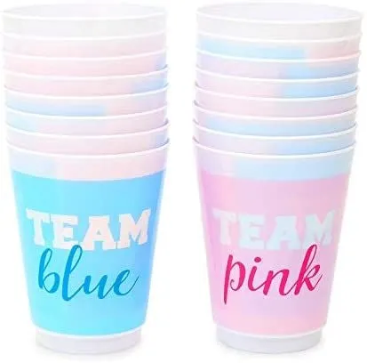 16 oz Gender Reveal Cups, Team Pink Team Blue Party Supplies (16 Pack)