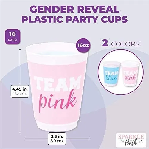 16 oz Gender Reveal Cups, Team Pink Team Blue Party Supplies (16 Pack)
