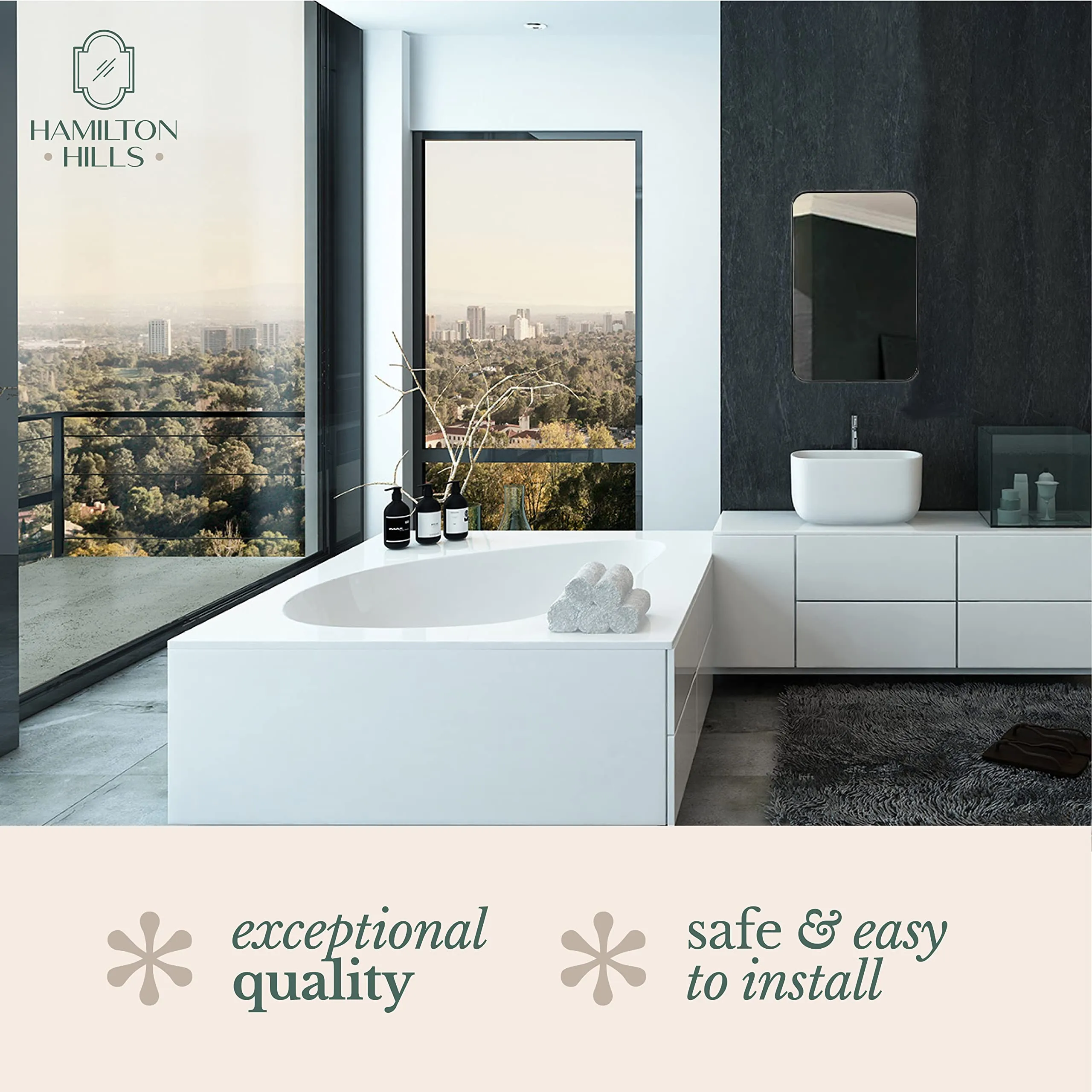 Contemporary Brushed Metal Wall Mirror | Glass Panel Bronze Framed Rounded Corner Deep