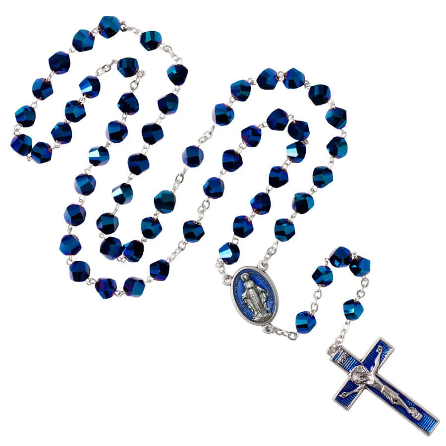 INTENSE BLUE CRYSTAL ROSARY - METAL