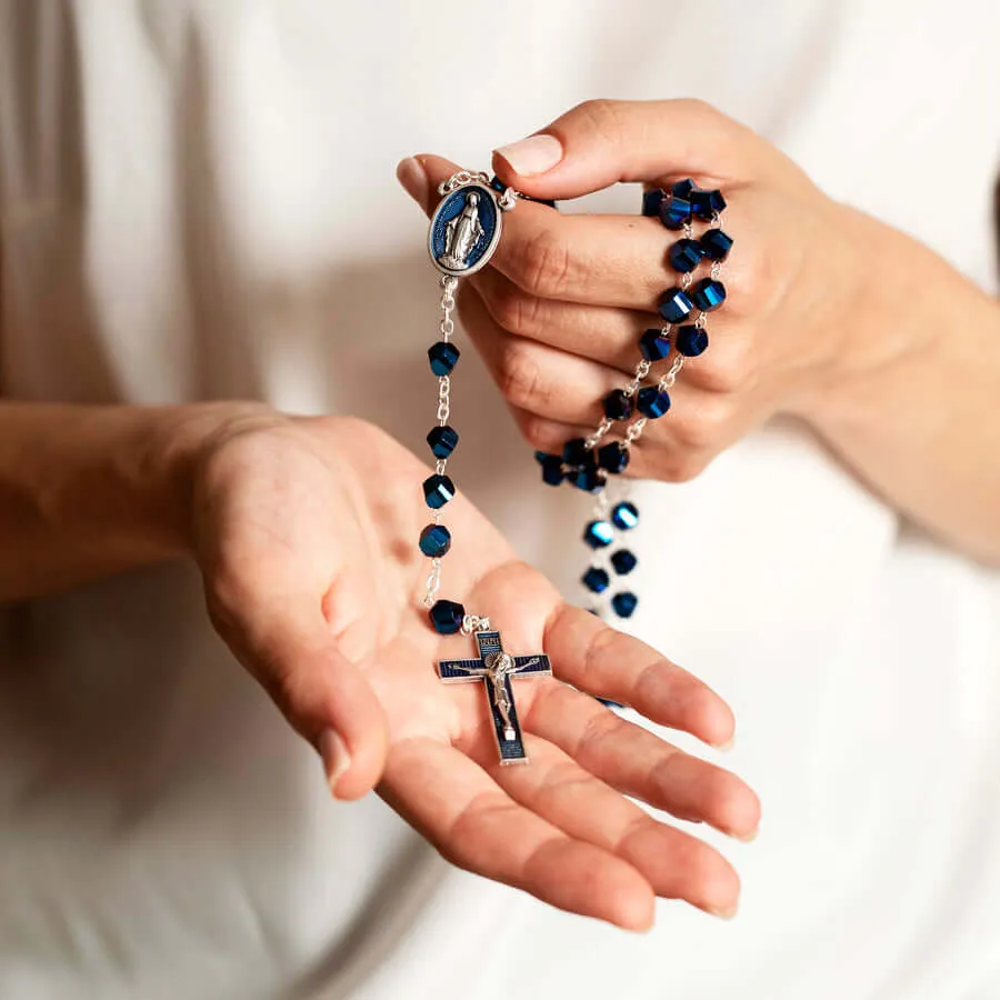 INTENSE BLUE CRYSTAL ROSARY - METAL