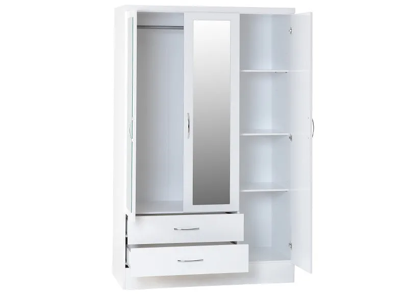Nevada White 3 Door 2 Drawer Mirrored Wardrobe
