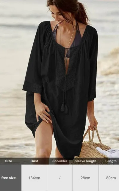 Sexy New Shirt Beach Up White Beach Dress Loose Blouse Tunic Pocket Long Sleeve Swimsuit Cover Up Casual Beachwear