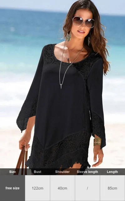 Sexy New Shirt Beach Up White Beach Dress Loose Blouse Tunic Pocket Long Sleeve Swimsuit Cover Up Casual Beachwear