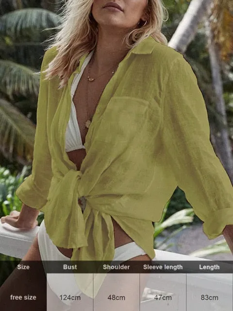 Sexy New Shirt Beach Up White Beach Dress Loose Blouse Tunic Pocket Long Sleeve Swimsuit Cover Up Casual Beachwear