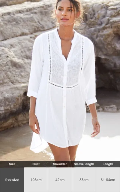 Sexy New Shirt Beach Up White Beach Dress Loose Blouse Tunic Pocket Long Sleeve Swimsuit Cover Up Casual Beachwear