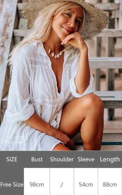 Sexy New Shirt Beach Up White Beach Dress Loose Blouse Tunic Pocket Long Sleeve Swimsuit Cover Up Casual Beachwear