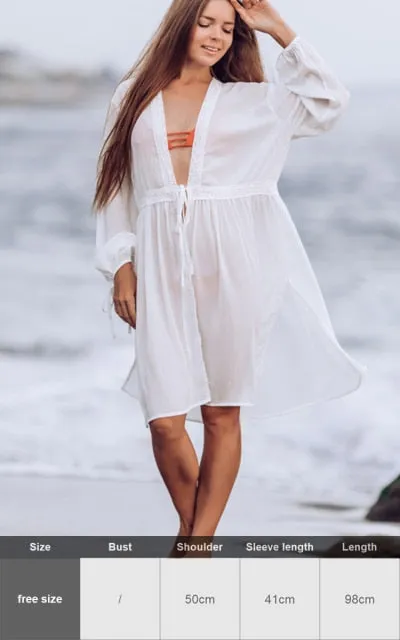 Sexy New Shirt Beach Up White Beach Dress Loose Blouse Tunic Pocket Long Sleeve Swimsuit Cover Up Casual Beachwear