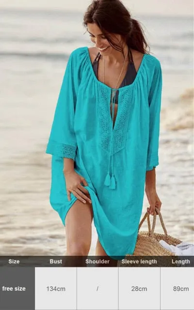 Sexy New Shirt Beach Up White Beach Dress Loose Blouse Tunic Pocket Long Sleeve Swimsuit Cover Up Casual Beachwear