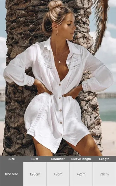 Sexy New Shirt Beach Up White Beach Dress Loose Blouse Tunic Pocket Long Sleeve Swimsuit Cover Up Casual Beachwear