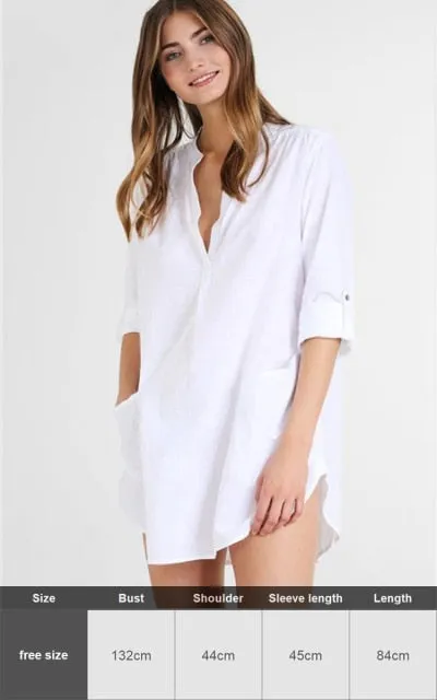 Sexy New Shirt Beach Up White Beach Dress Loose Blouse Tunic Pocket Long Sleeve Swimsuit Cover Up Casual Beachwear