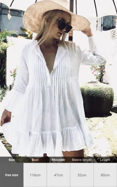 Sexy New Shirt Beach Up White Beach Dress Loose Blouse Tunic Pocket Long Sleeve Swimsuit Cover Up Casual Beachwear