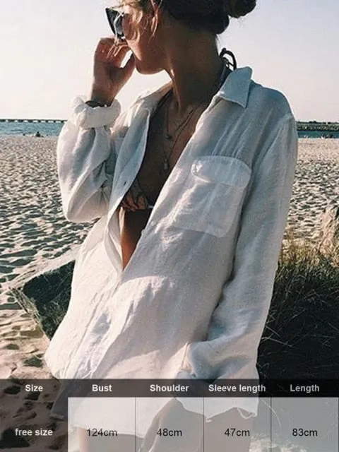 Sexy New Shirt Beach Up White Beach Dress Loose Blouse Tunic Pocket Long Sleeve Swimsuit Cover Up Casual Beachwear