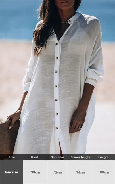 Sexy New Shirt Beach Up White Beach Dress Loose Blouse Tunic Pocket Long Sleeve Swimsuit Cover Up Casual Beachwear