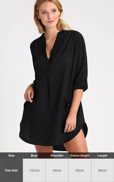 Sexy New Shirt Beach Up White Beach Dress Loose Blouse Tunic Pocket Long Sleeve Swimsuit Cover Up Casual Beachwear