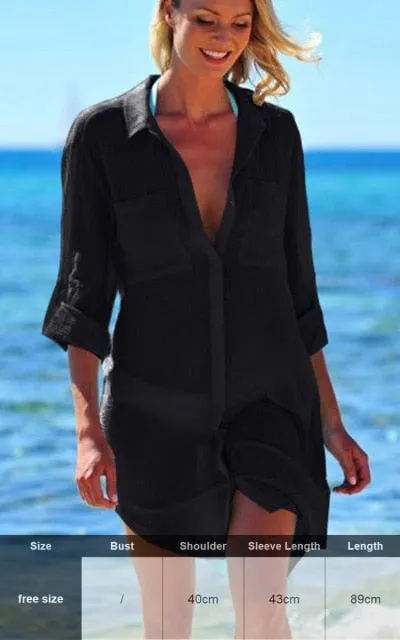 Sexy New Shirt Beach Up White Beach Dress Loose Blouse Tunic Pocket Long Sleeve Swimsuit Cover Up Casual Beachwear