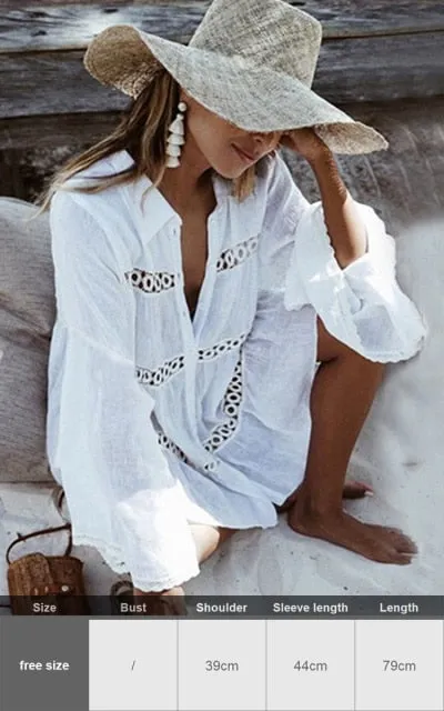Sexy New Shirt Beach Up White Beach Dress Loose Blouse Tunic Pocket Long Sleeve Swimsuit Cover Up Casual Beachwear