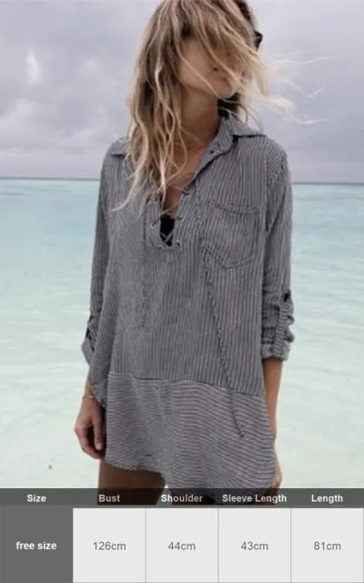 Sexy New Shirt Beach Up White Beach Dress Loose Blouse Tunic Pocket Long Sleeve Swimsuit Cover Up Casual Beachwear